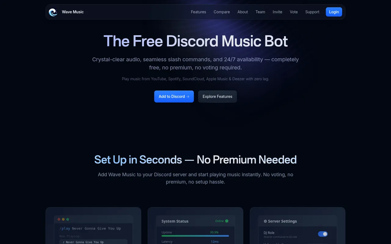 Wave Music homepage: The Free Discord Music Bot