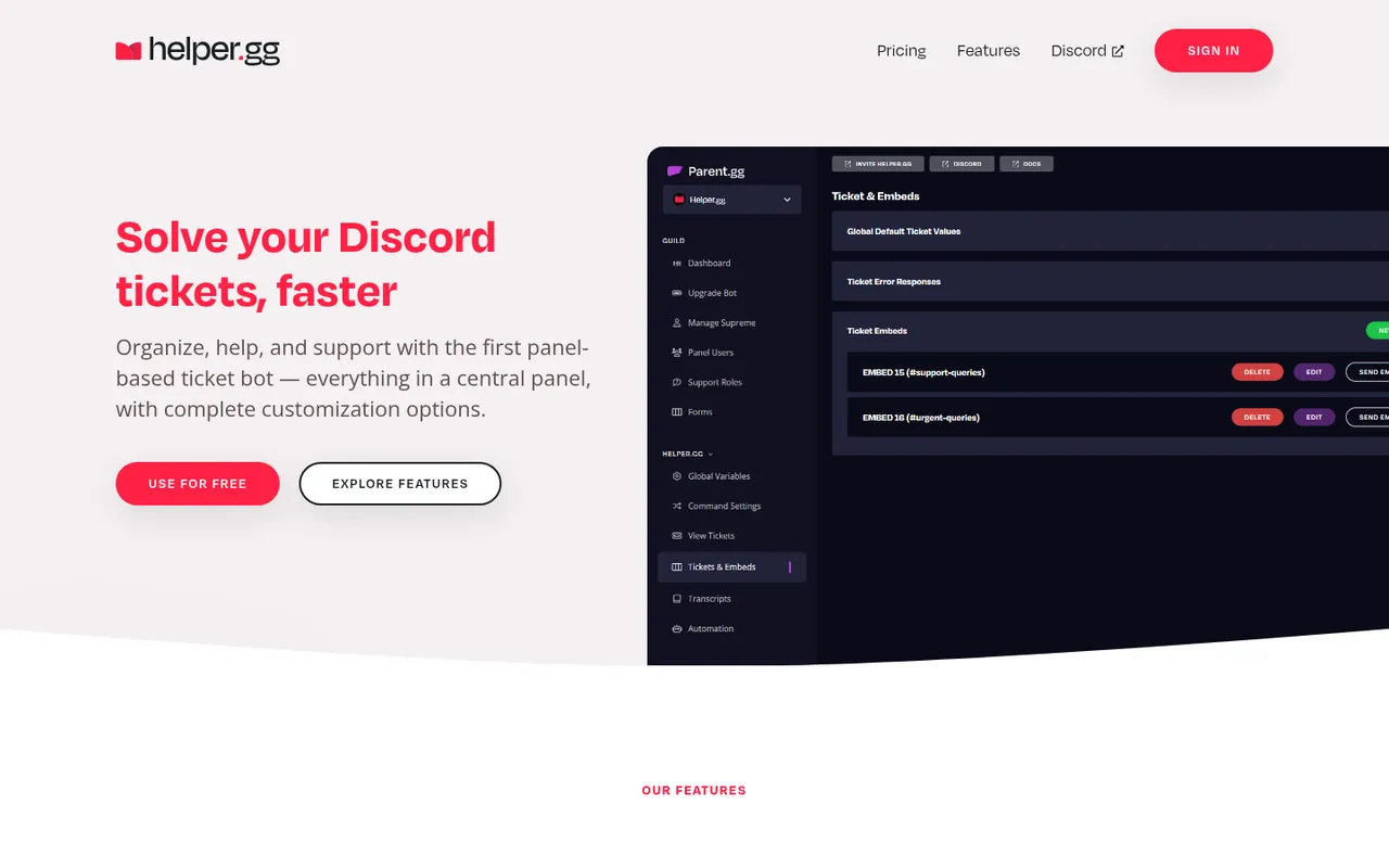 Helper.gg homepage with its ticket web panel