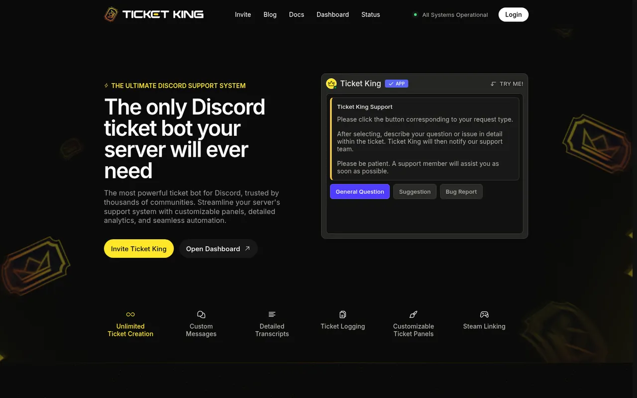 Ticket King homepage with a sample ticket panel