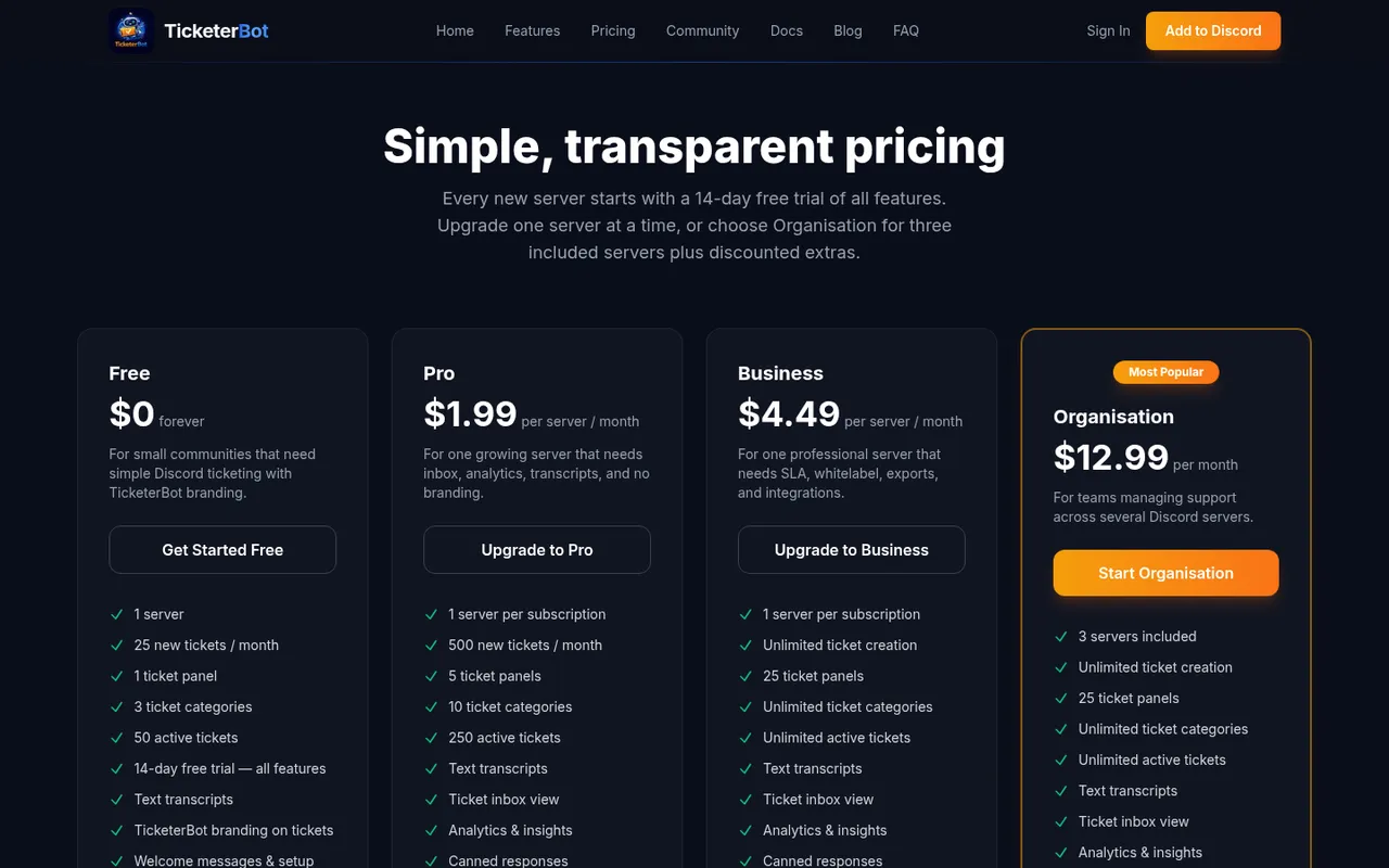 TicketerBot pricing: Free, Pro, Business, Organisation
