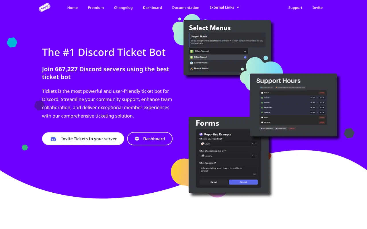 Tickets bot homepage with panels, forms, and support hours