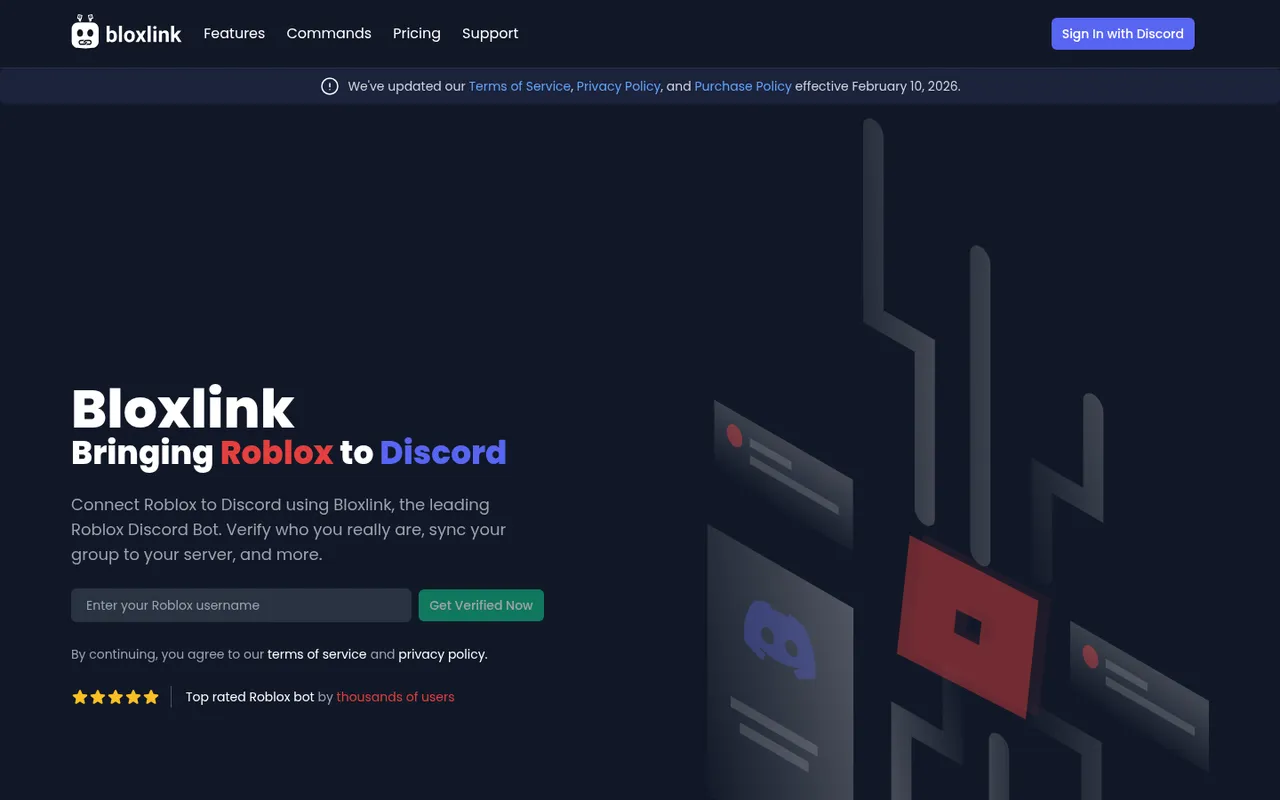 Bloxlink homepage: bringing Roblox to Discord