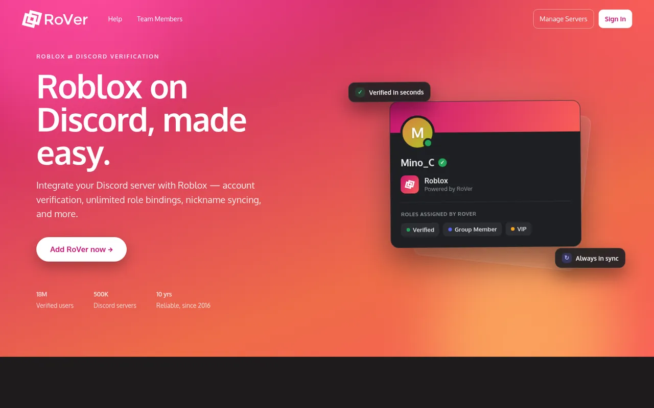 RoVer homepage: Roblox on Discord, made easy