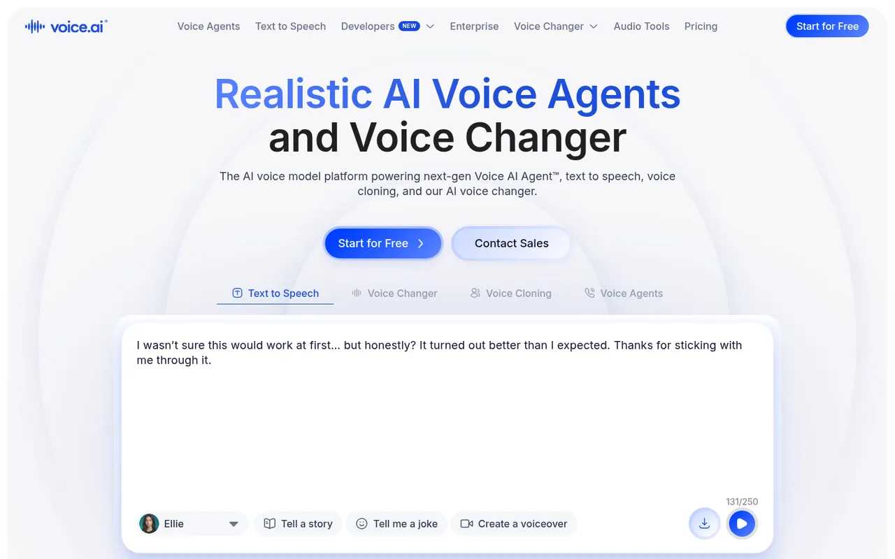 Voice.ai homepage: realistic AI voice agents and voice changer
