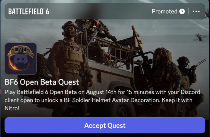 The earlier Play Quest: play 15 minutes, claim a helmet decoration. Source: Discord’s Battlefield 6 case study. Battlefield 6 Open Beta Play Quest card on Discord, with Accept Quest
