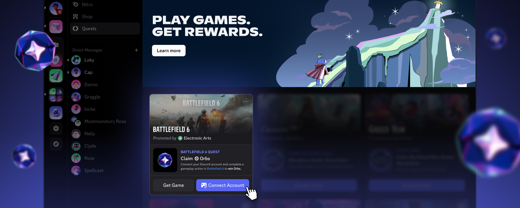 Discord’s published Play Quest+ art: a Battlefield 6 quest, a Connect Account button, and Orbs. Source: Discord press release, Aug 20, 2026. Discord Play Quest+ screen with a Battlefield 6 quest card and Orbs
