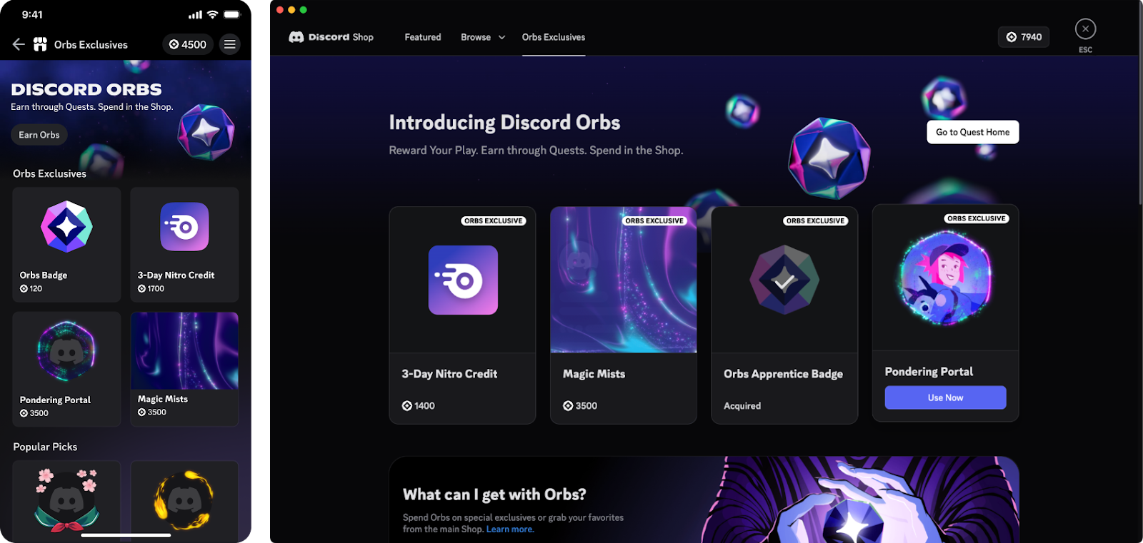 Orbs turn a finished Quest into Shop loot. Source: Discord’s Orbs blog. Discord Shop Orbs Exclusives on mobile and desktop, with Orb-priced Nitro credits and cosmetics