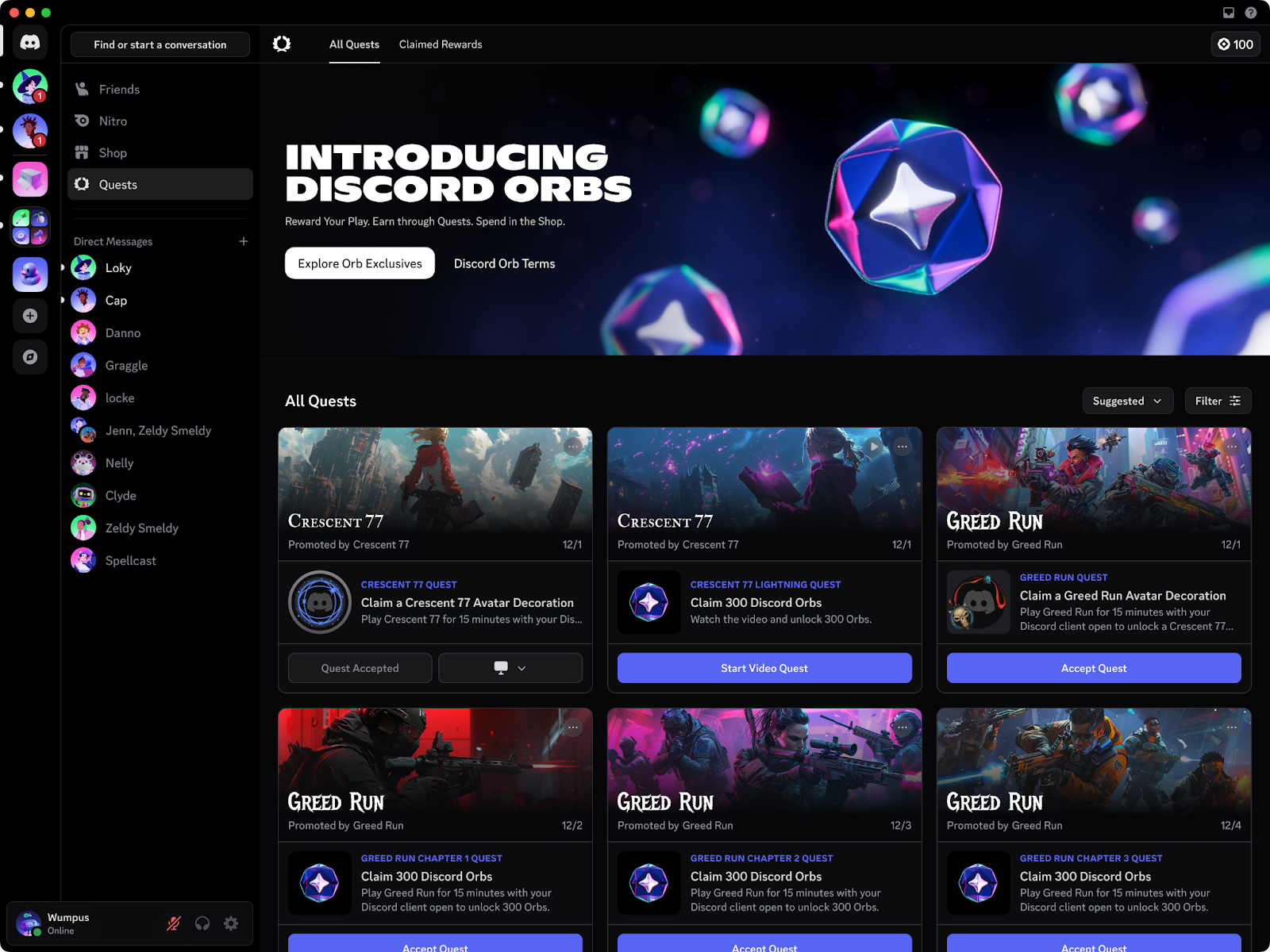 Quest Home: optional ads laid out like a challenge list. Source: Discord’s Orbs blog. Quest Home on Discord desktop, with Orb-rewarded Play and Video Quests