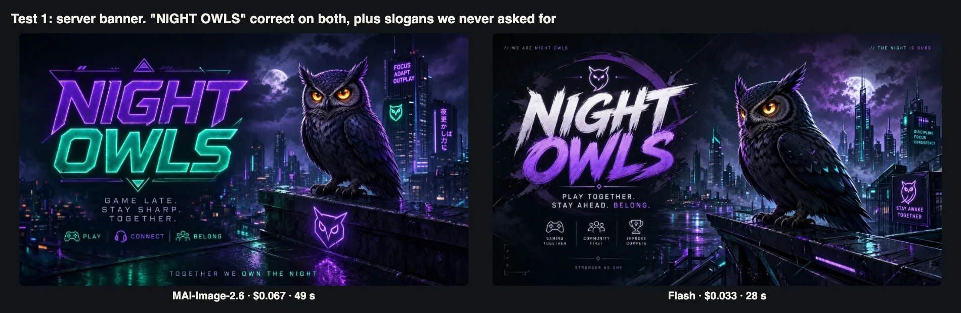 Two Discord banners reading NIGHT OWLS from MAI-Image-2.6 and Flash, both with extra slogans