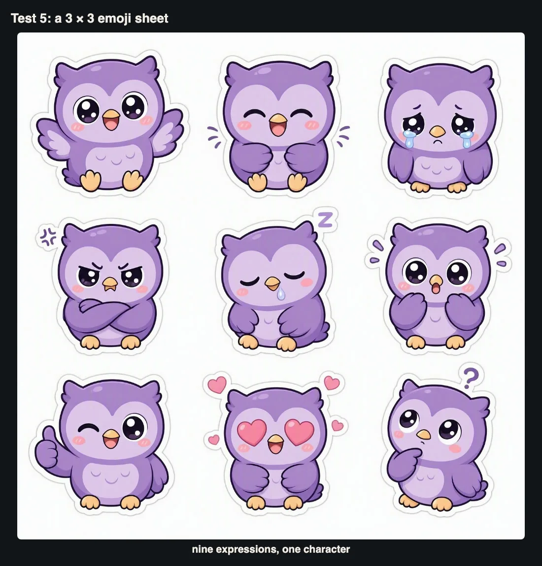 A three by three sheet of nine purple owl emoji with different expressions