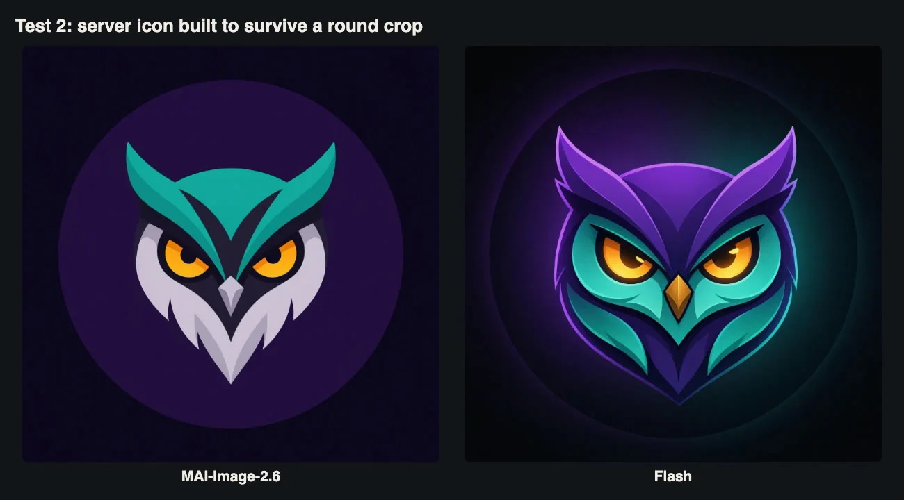 Two flat owl head server icons generated by MAI-Image-2.6 and Flash, both centred in a circle