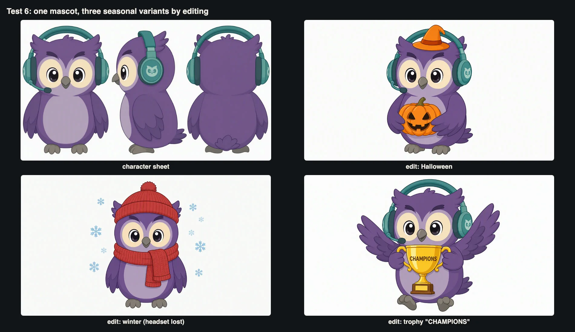 An owl mascot character sheet and three edited variants: Halloween witch hat, winter scarf and hat, and a champions trophy