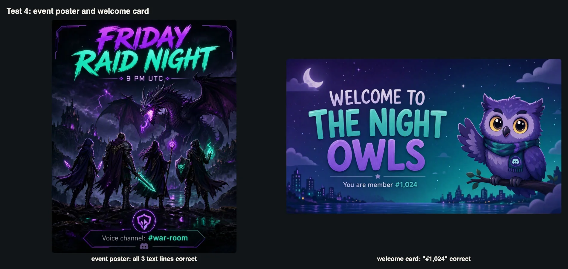 AI-generated Discord event poster for Friday Raid Night and a welcome card for member number 1,024
