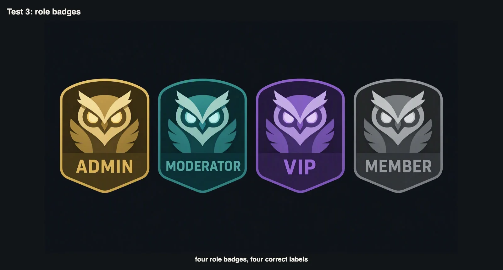 Four Discord role badges labelled ADMIN, MODERATOR, VIP and MEMBER in gold, teal, purple and grey