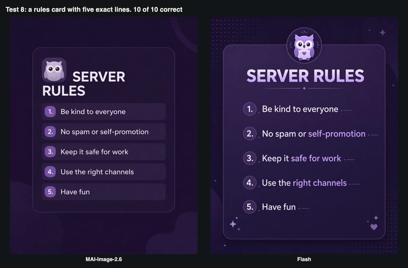 Two Discord server rules cards with five numbered rules generated by MAI-Image-2.6 and Flash
