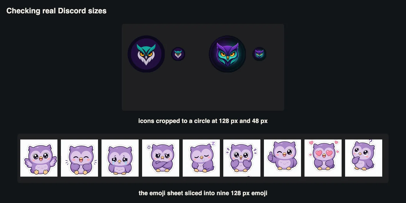 Owl server icons shown at 128 and 48 pixels and nine owl emoji sliced from the sheet at 128 pixels