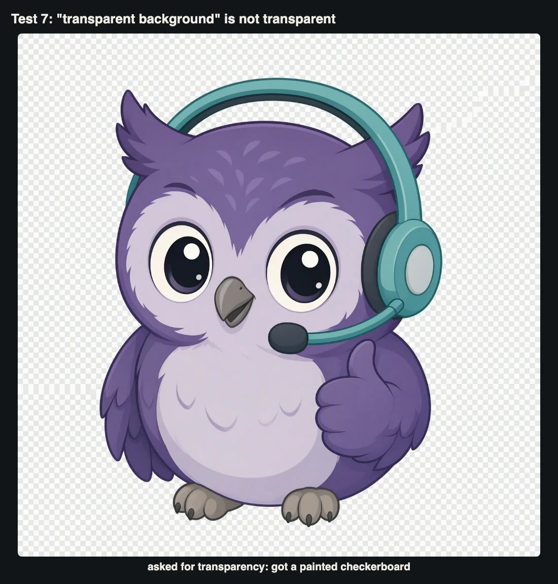 An owl mascot image with a grey and white checkerboard pattern painted into the background instead of real transparency