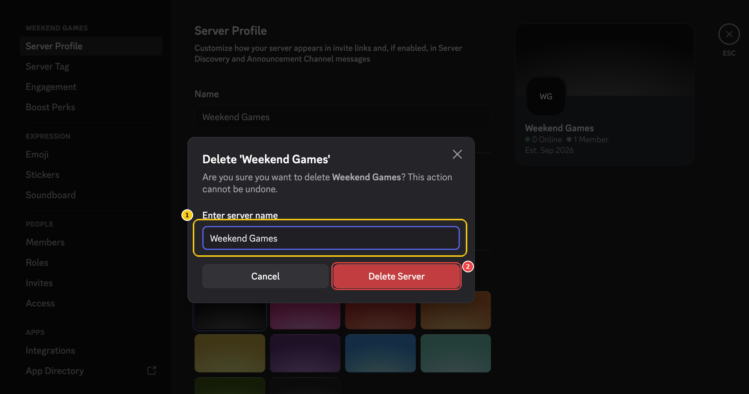 Discord desktop confirmation to type the server name Weekend Games