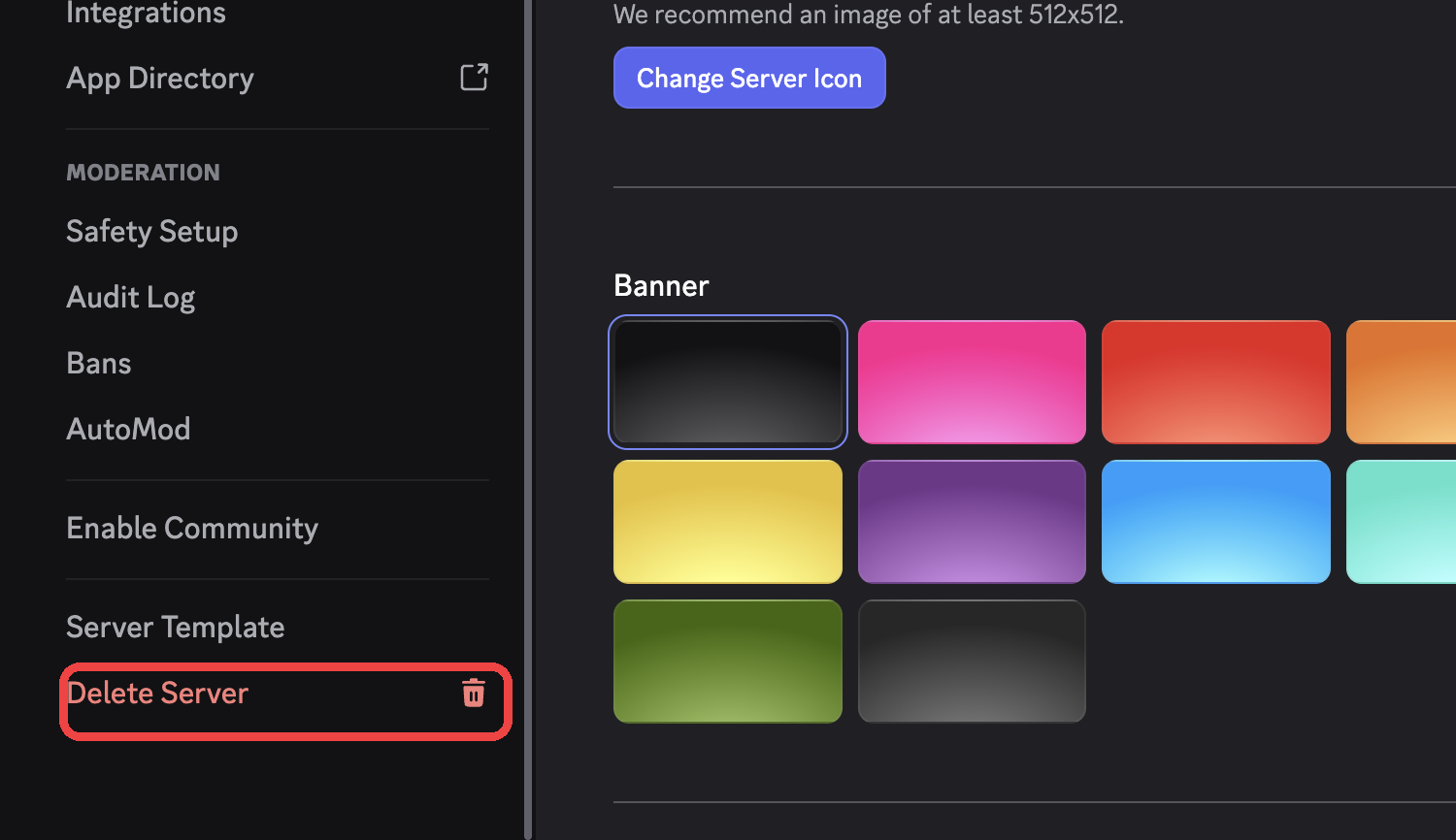 Delete Server at the bottom of Discord desktop Server Settings