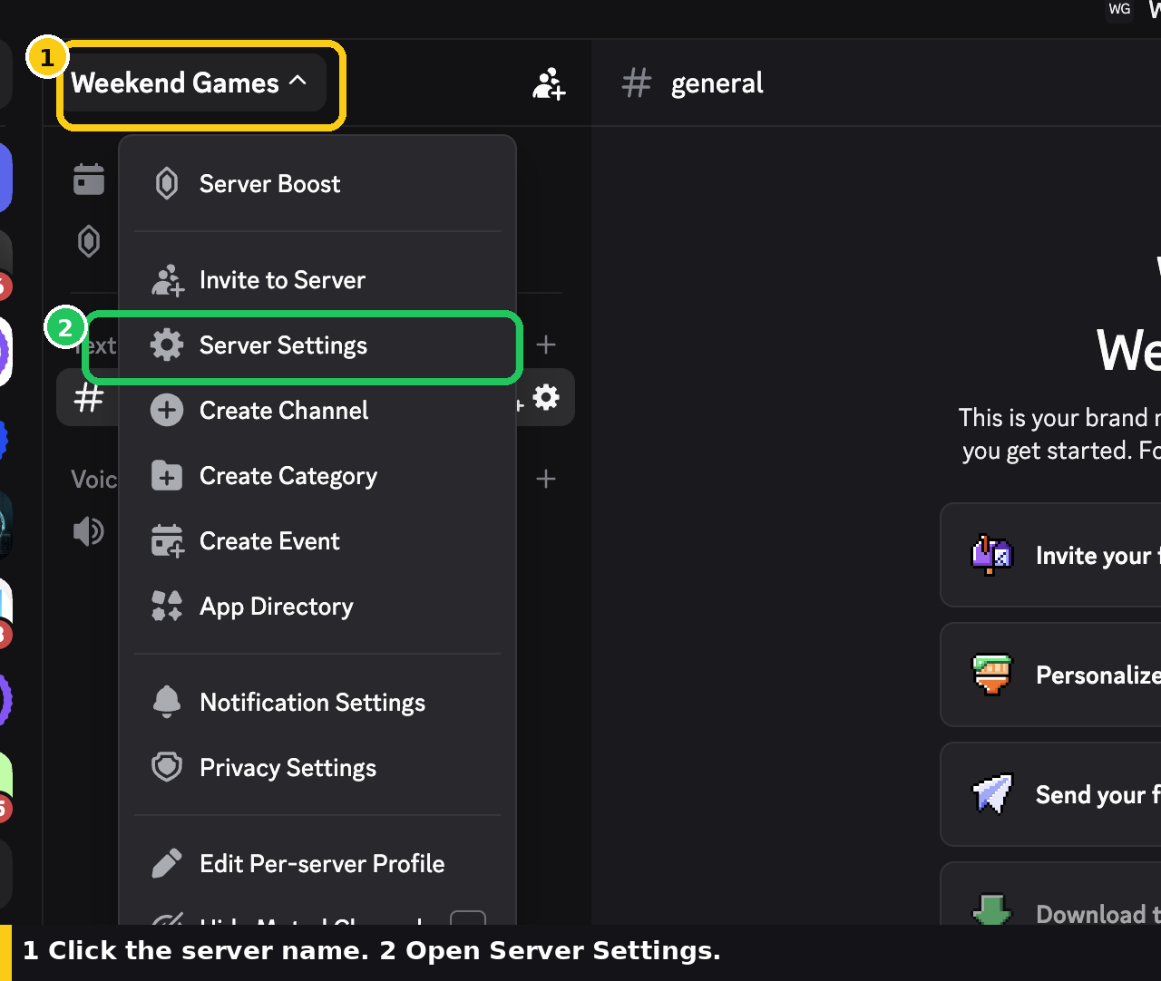 Discord desktop: Weekend Games server menu open with Server Settings highlighted