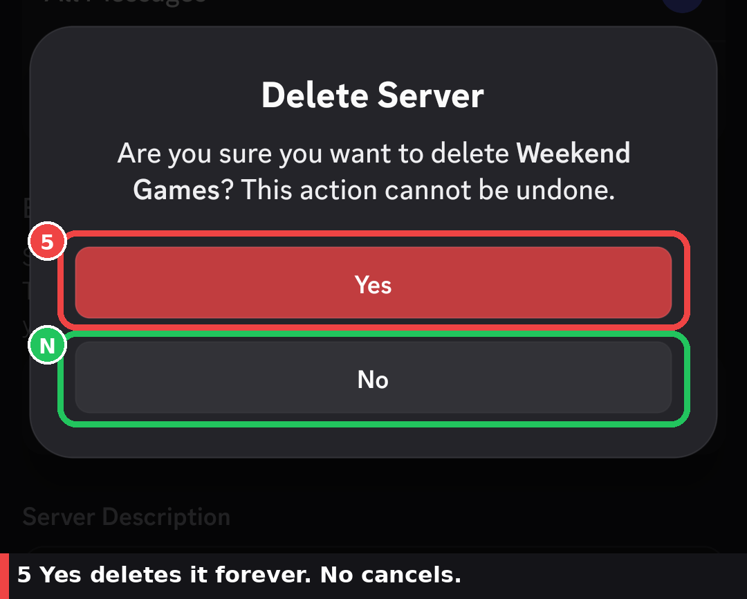 Discord mobile Yes or No confirmation for deleting Weekend Games