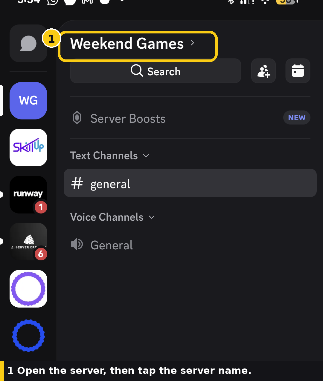 Discord mobile channel list with the Weekend Games server name highlighted