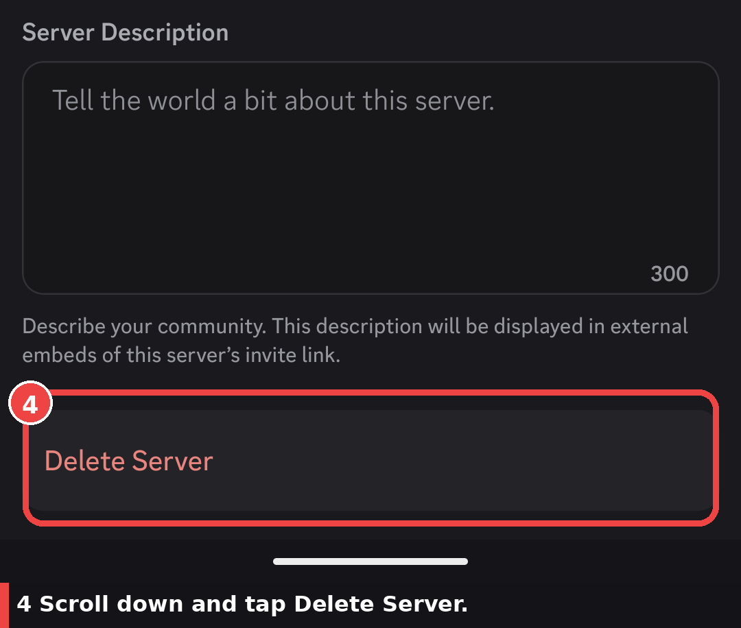 Delete Server at the bottom of Discord mobile Overview