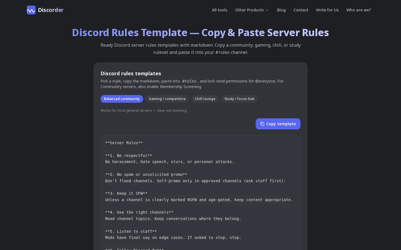 Discorder.tools Discord rules template