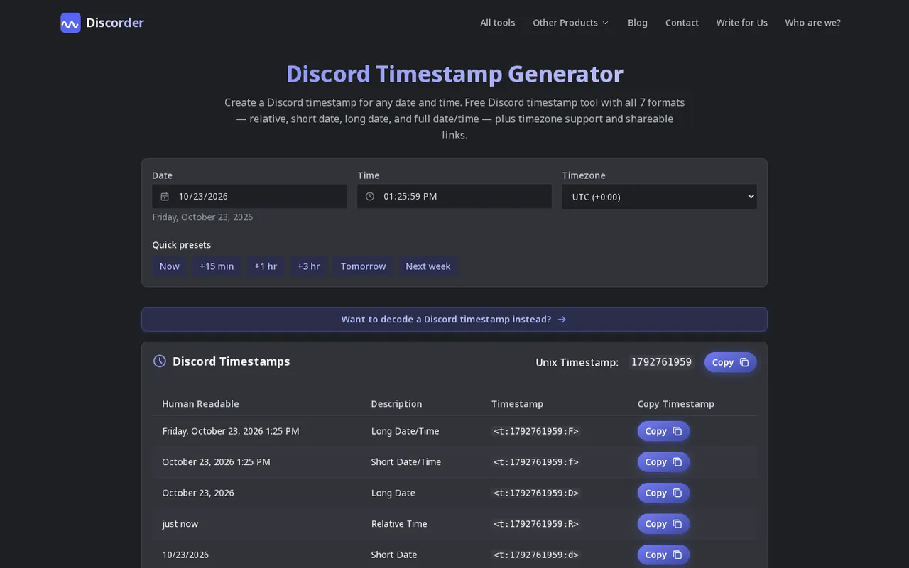 Discorder.tools Discord timestamp generator