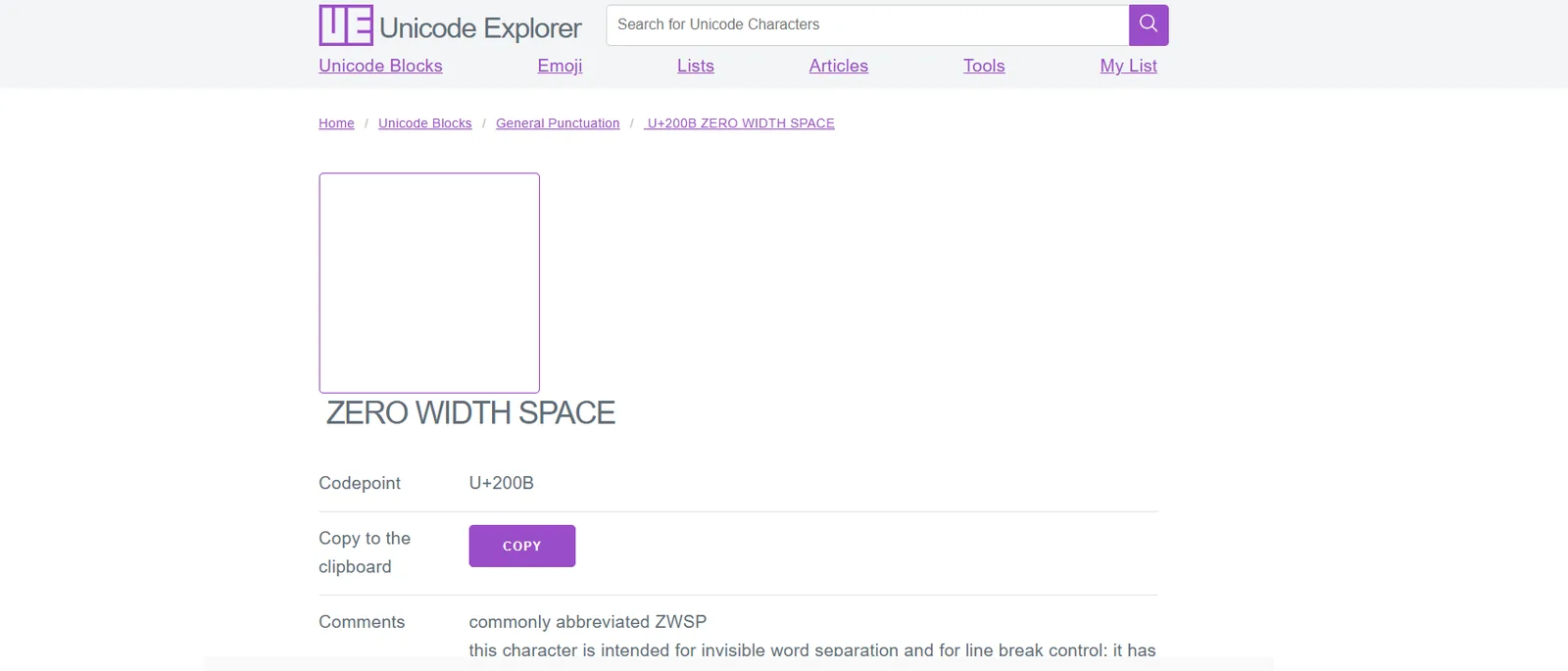 The Zero Width Space U+200B character page on Unicode Explorer with a Copy button