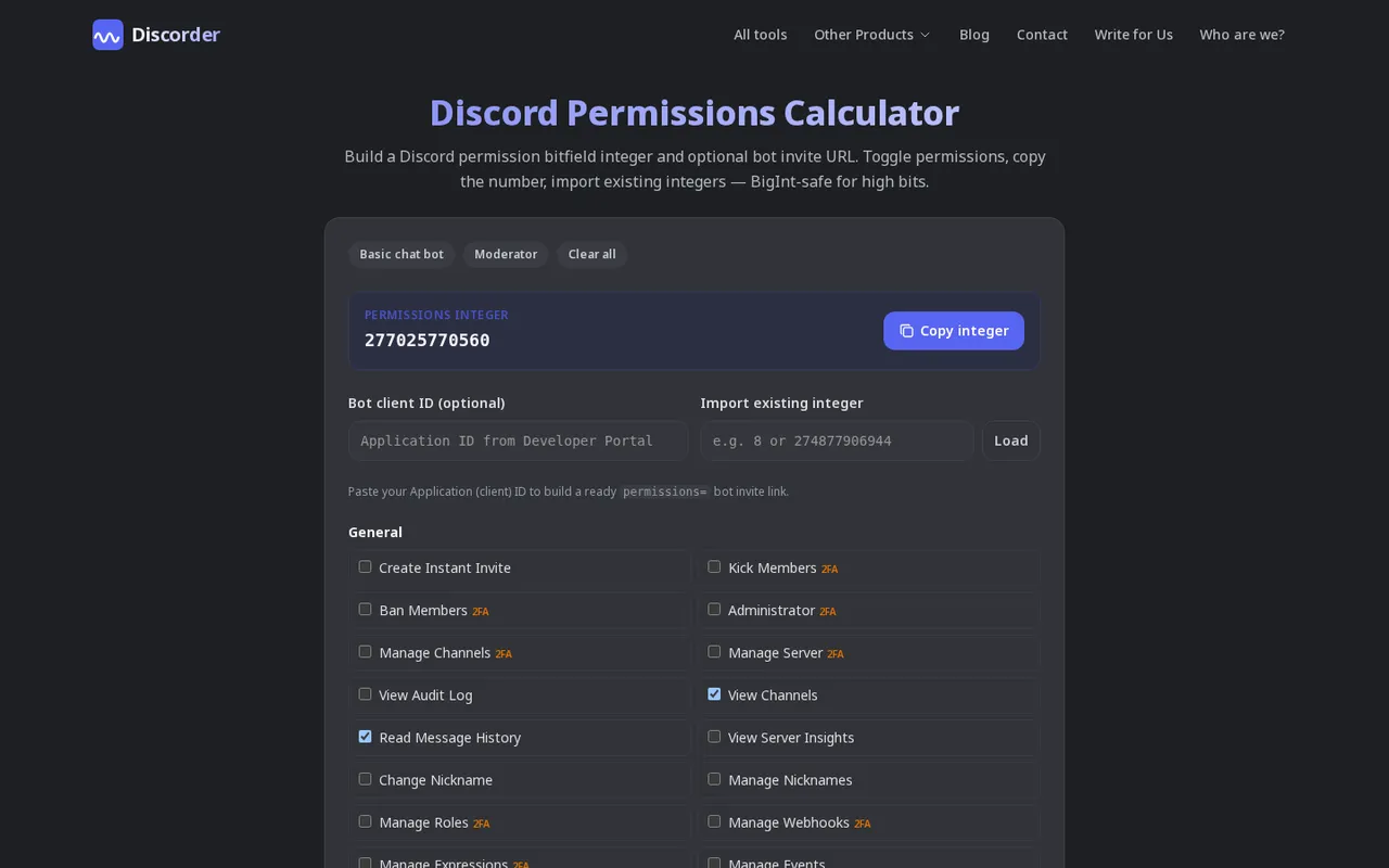Discorder.tools Discord permissions calculator, used to check role and channel access